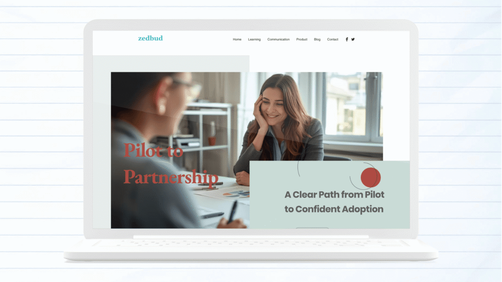 Laptop showing the Zedbud website page "Pilot to Partnership: A Clear Path from Pilot to Confident Adoption," part of the K-12 communication platform's pilot program.