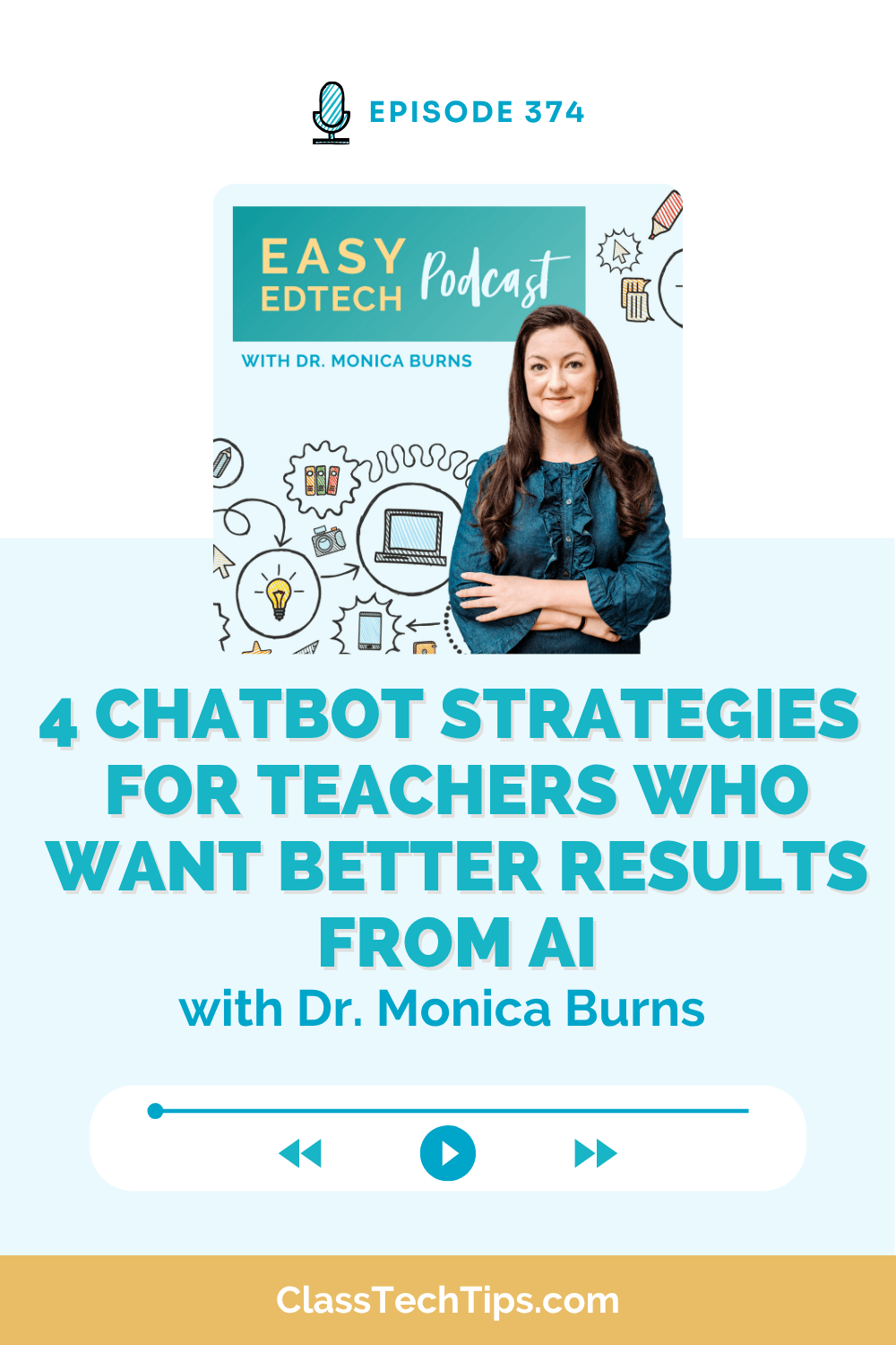 Easy EdTech Podcast episode graphic featuring Dr. Monica Burns and four chatbot strategies for teachers to get better AI results, improve prompts, save time, and create stronger classroom resources.