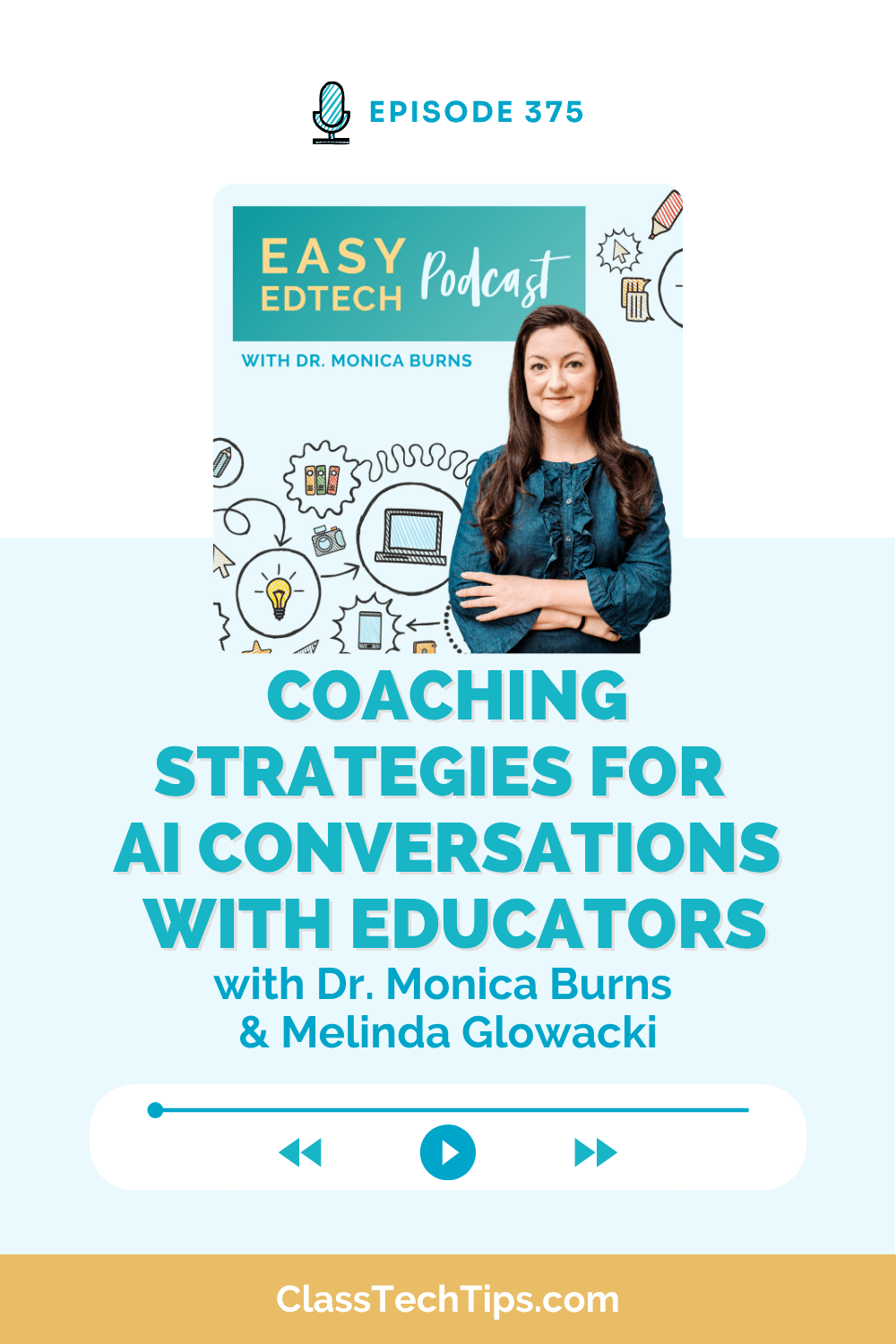 Easy EdTech Podcast episode graphic featuring Dr. Monica Burns and Melinda Glowacki discussing strategies for AI conversation, educator coaching, AI guidance, and critical thinking in K-12 education.
