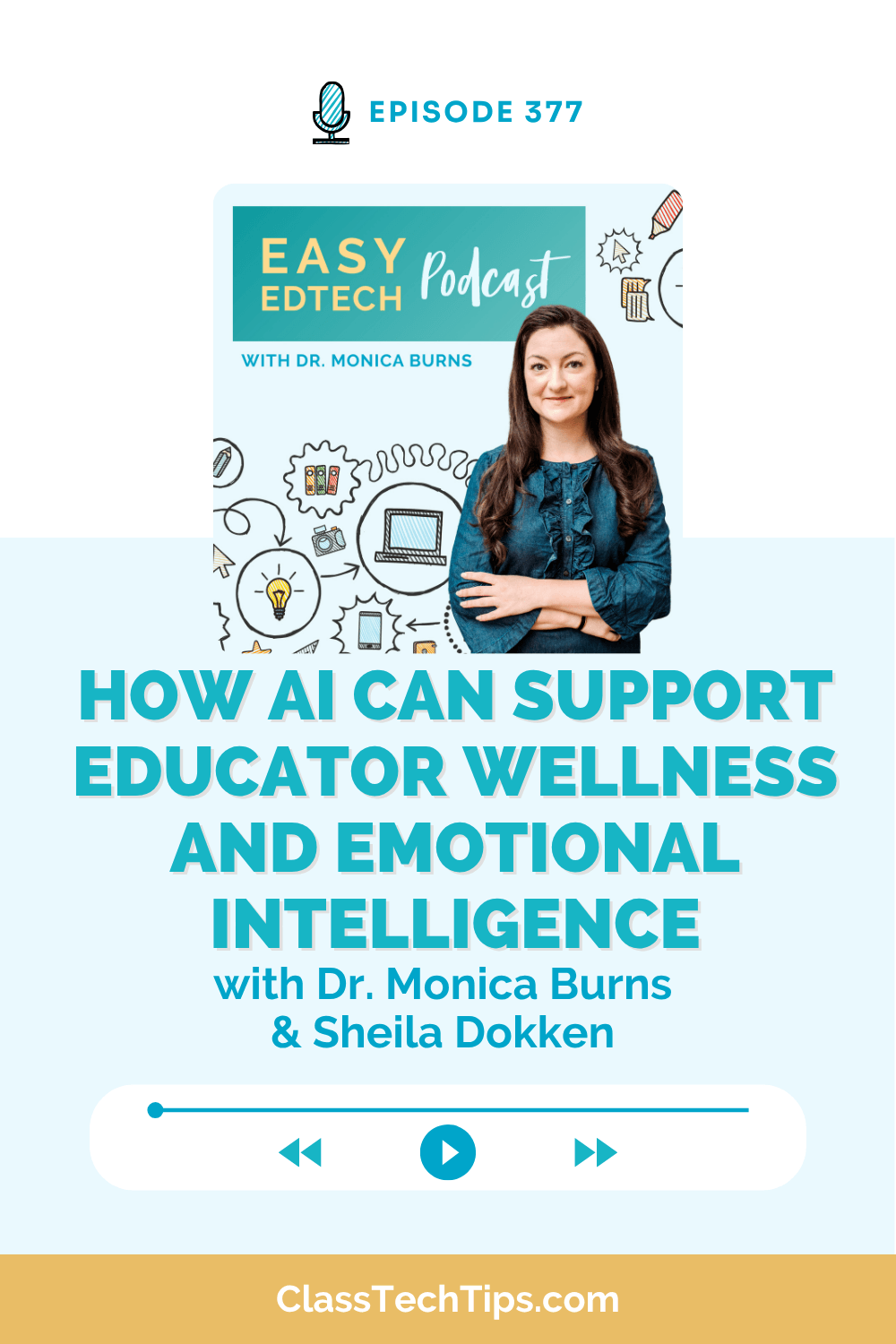 Easy EdTech Podcast Episode 377 on how AI can support educator wellness and emotional intelligence, featuring Dr. Monica Burns and Sheila Dokken.