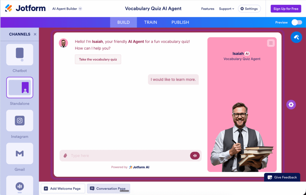 Jotform AI Agent Builder showing a vocabulary quiz AI agent for custom classroom quizzes, with channel options like chatbot, standalone, Instagram, and Gmail.