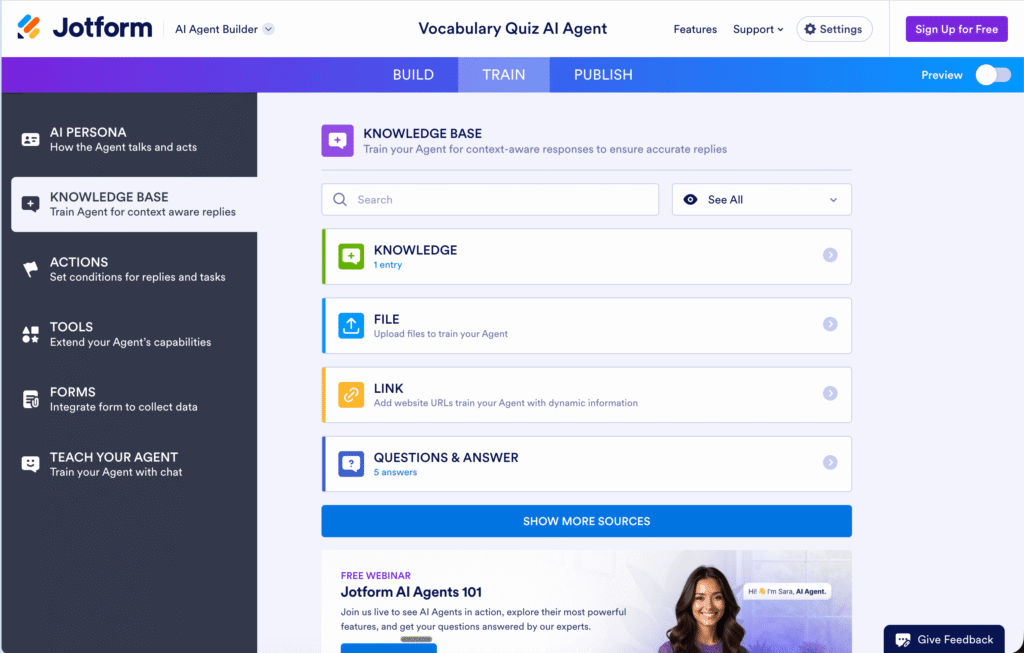 Jotform AI Agent Builder showing a vocabulary quiz AI agent for custom classroom quizzes, with channel options like chatbot, standalone, Instagram, and Gmail.