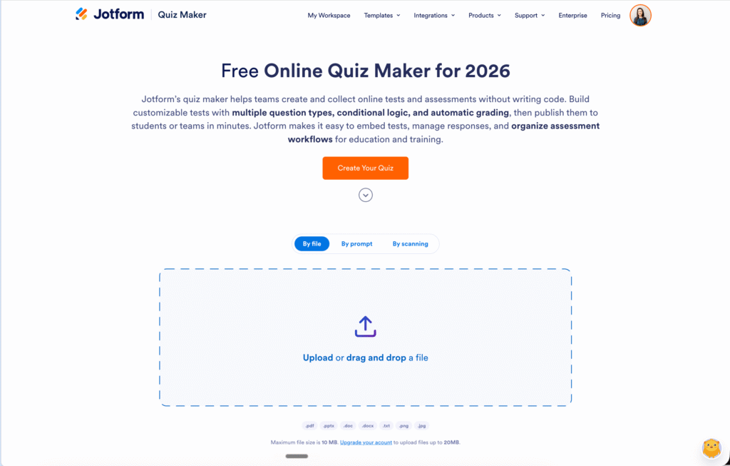 Jotform's free online quiz maker landing page for creating custom classroom quizzes by file upload, prompt, or scanning, with a drag-and-drop upload area.