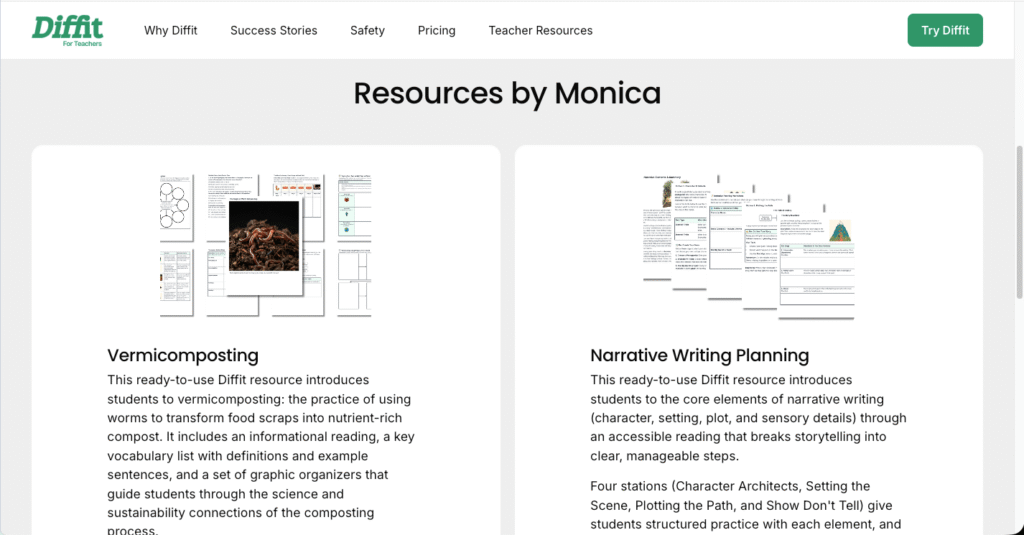 Diffit "Resources by Monica" page showing AI-generated Vermicomposting and Narrative Writing Planning materials for book studies and cross-text connections
