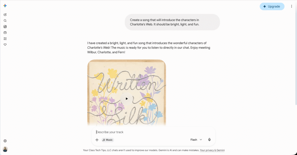 Gemini AI generating a song to introduce the characters of Charlotte's Web, an example of using AI for book studies to build reader engagement