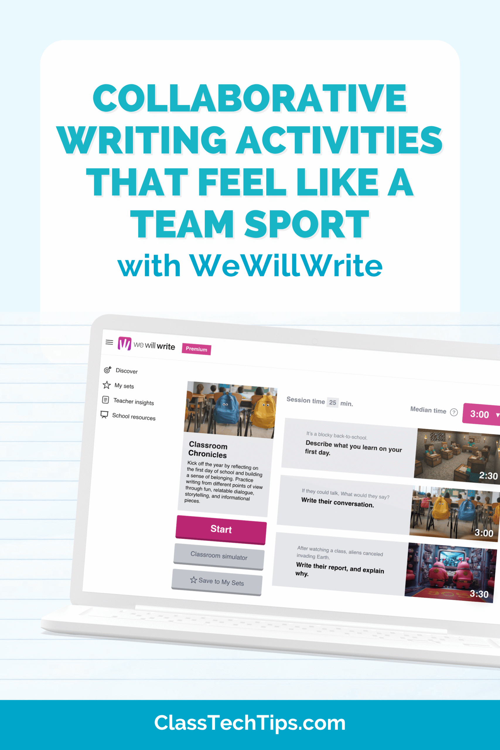 Pinterest pin for collaborative writing activities for the classroom featuring the WeWillWrite platform