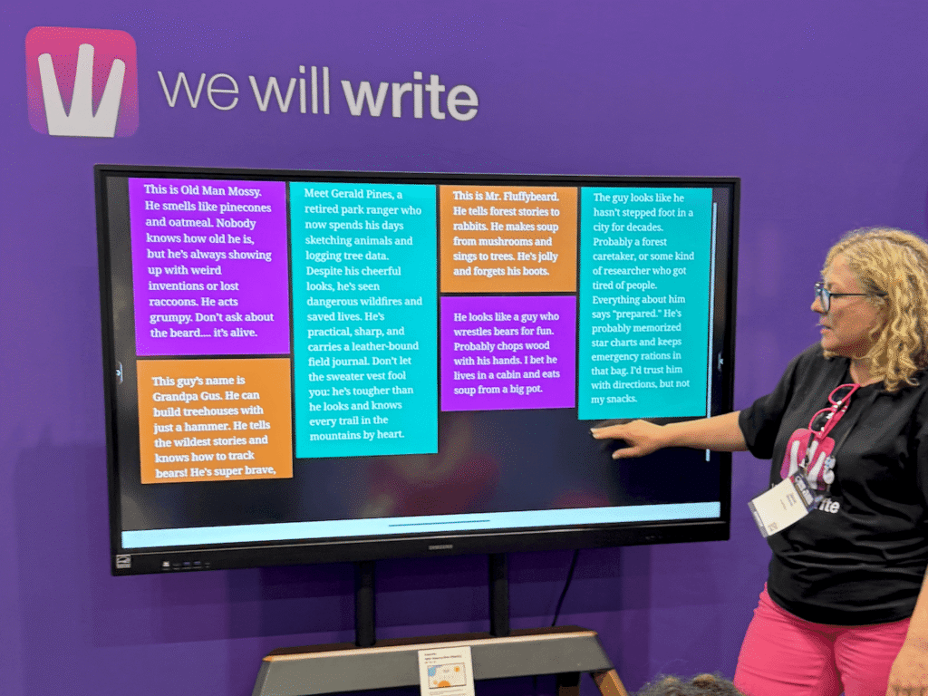 Colorful student character descriptions on screen during a WeWillWrite collaborative writing session