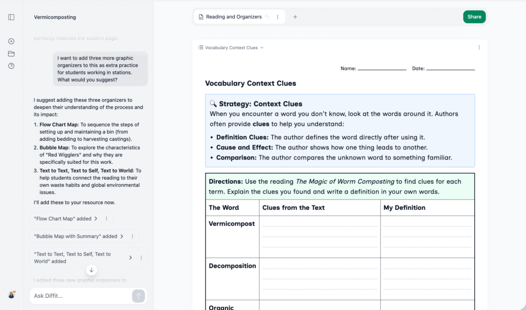 Diffit chat used to differentiate instructional resources by adding graphic organizers