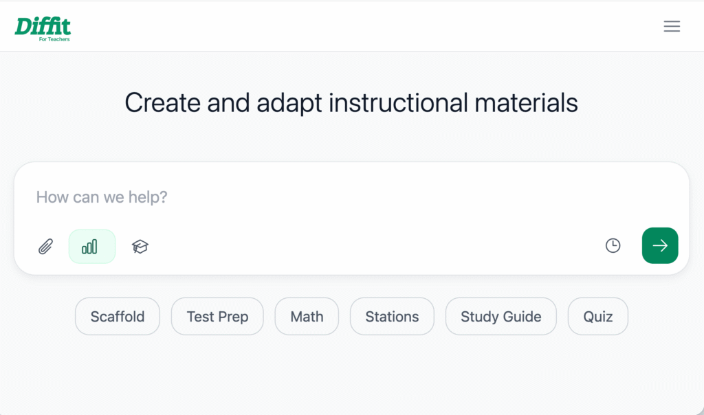Diffit homepage where teachers differentiate instructional resources with a simple prompt box