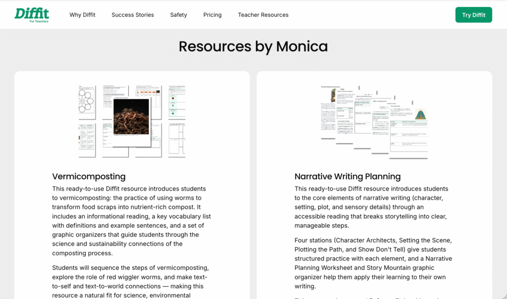 Resources by Monica page with ready-to-use Diffit files that differentiate instructional resources