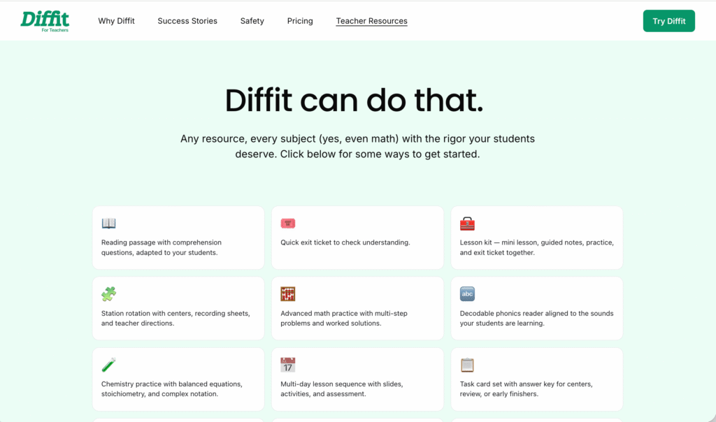 Diffit quick start page with ideas to differentiate instructional resources across subjects