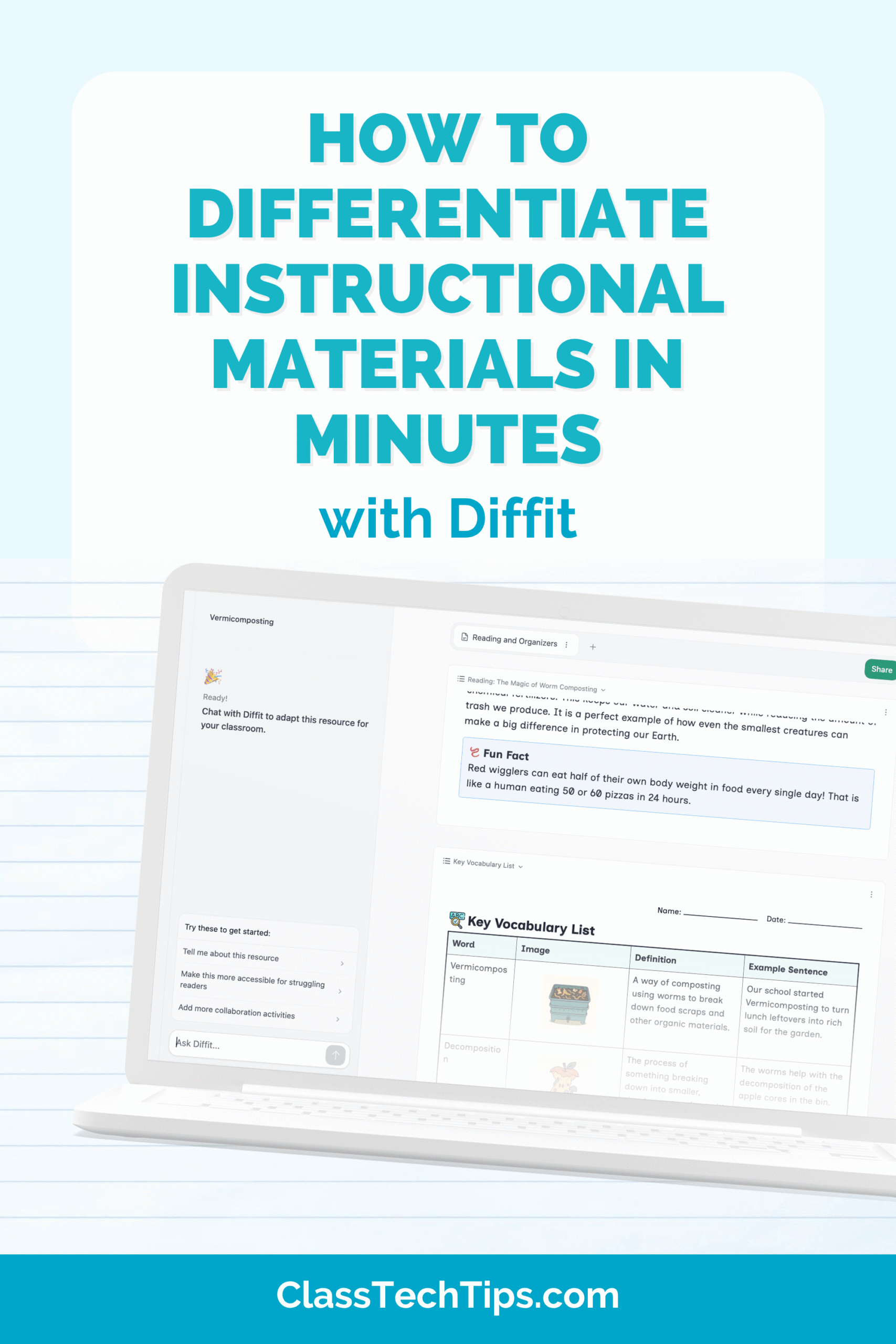 Pinterest pin showing how to differentiate instructional resources using Diffit