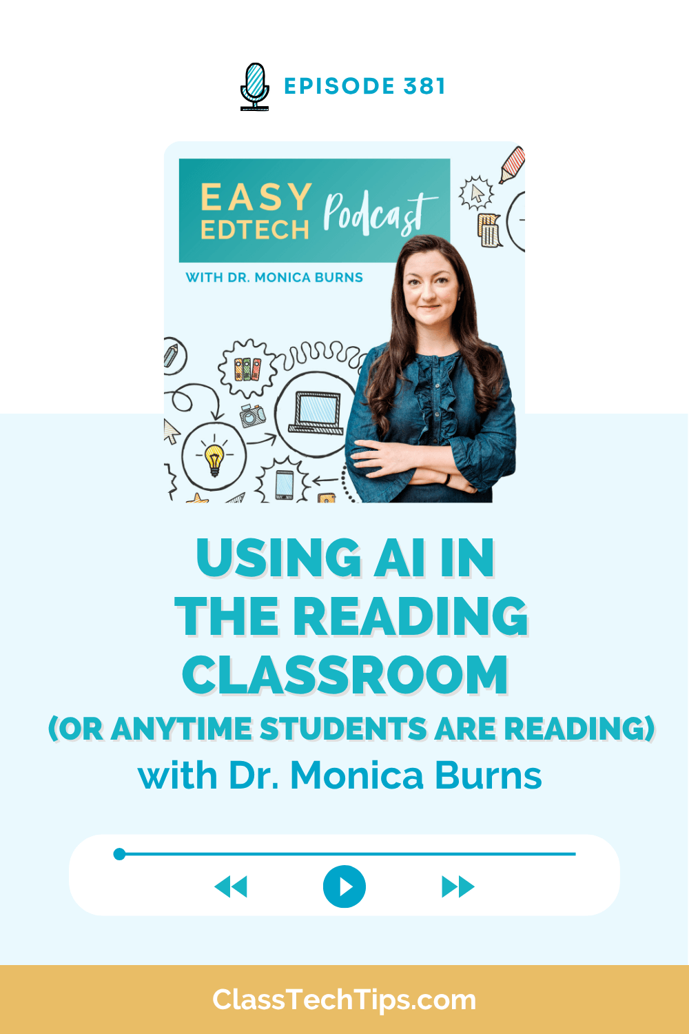 Easy EdTech Podcast episode 381 graphic featuring Dr. Monica Burns and the title “Using AI in the Reading Classroom.”