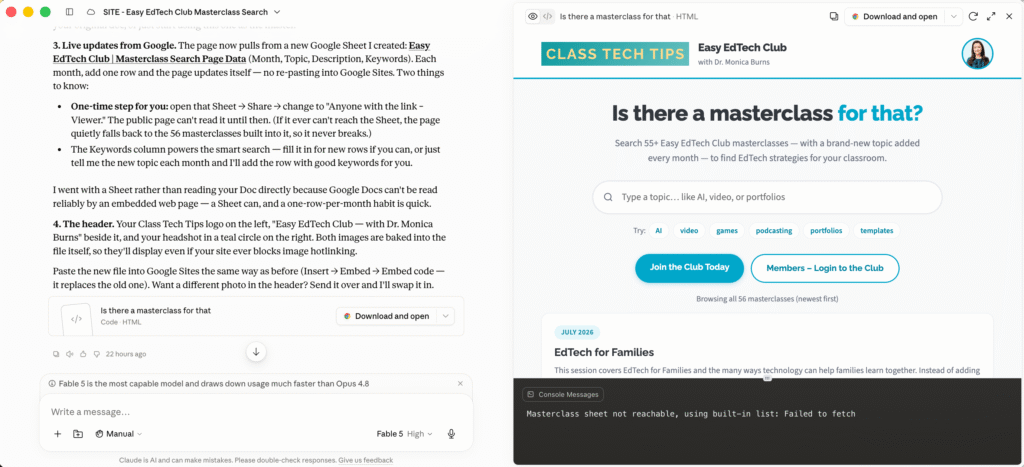 Building the Easy EdTech Club masterclass search site with Claude, showing the chat conversation next to a live website preview