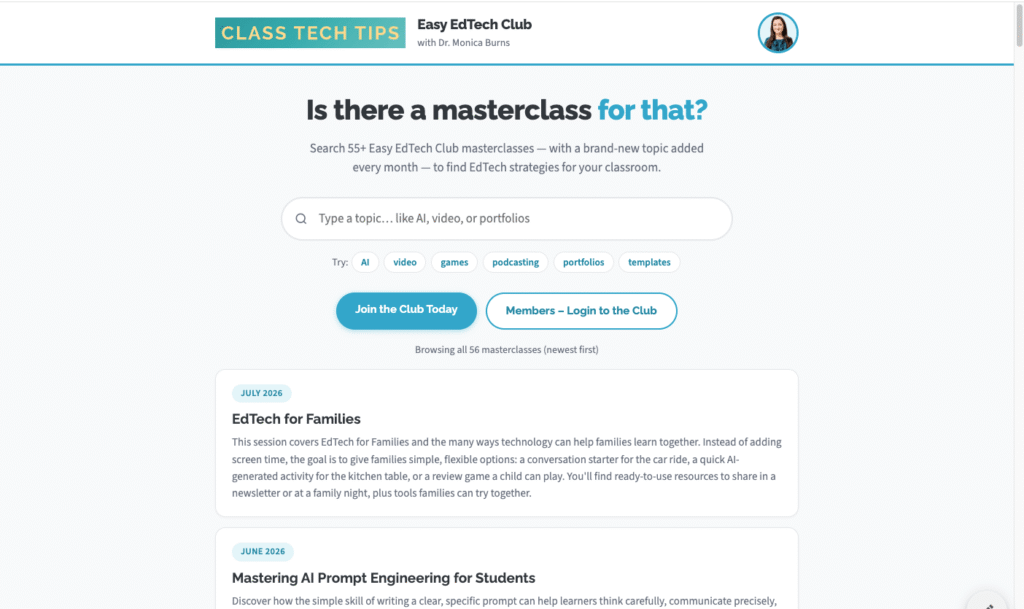 Easy EdTech Club masterclass search page asking "Is there a masterclass for that?" with topics like AI, video, and portfolios