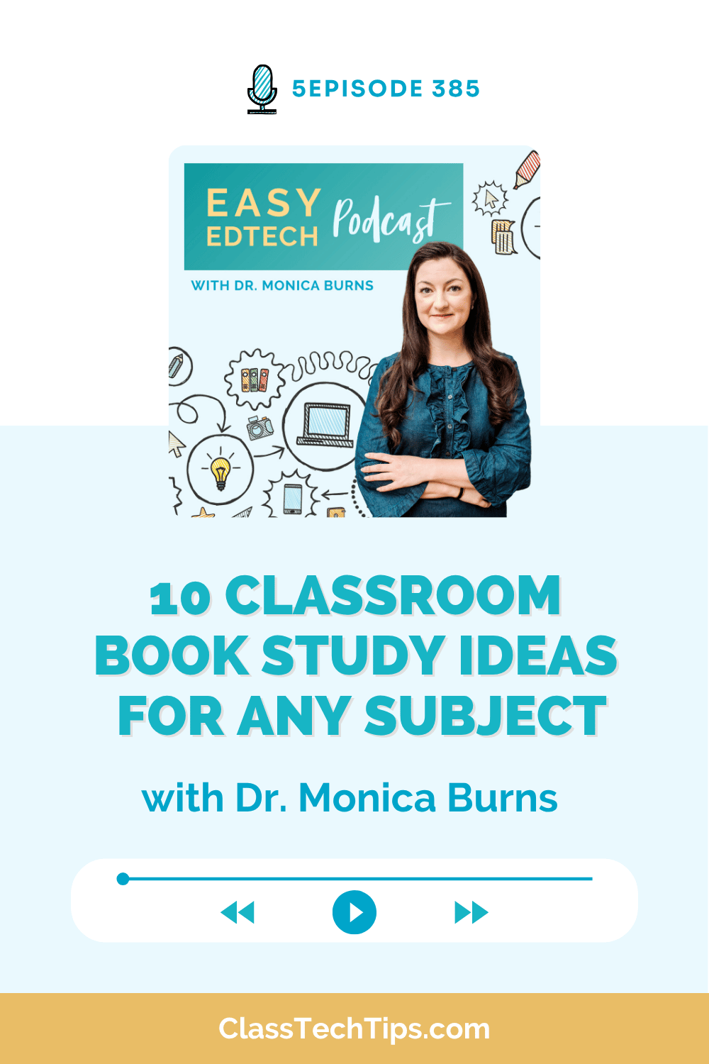 Easy EdTech Podcast cover for Episode 385 featuring Dr. Monica Burns and 10 classroom book study ideas for any subject.