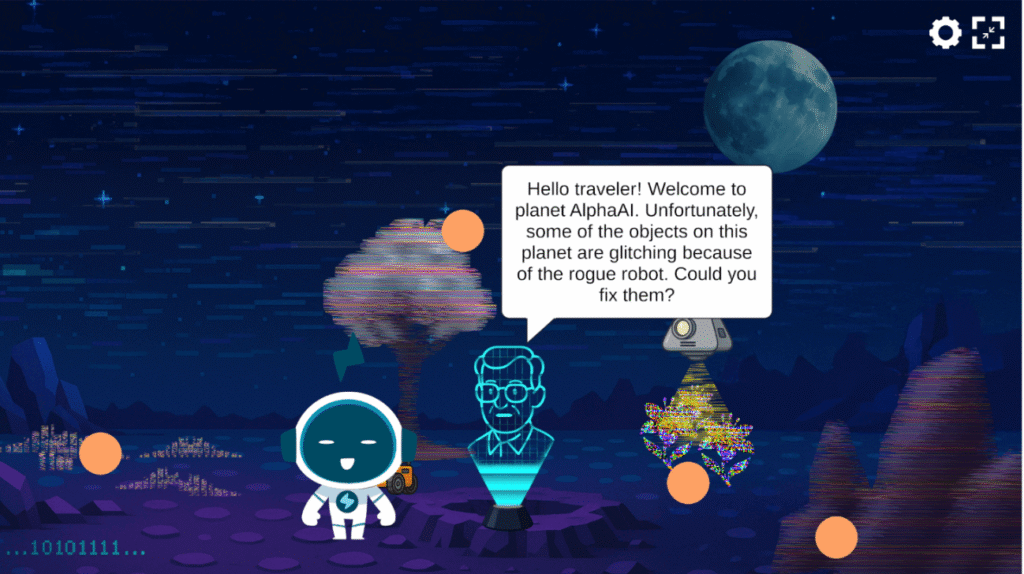 Story-based AI literacy lessons scene where a robot guide asks students to fix glitching objects on planet AlphaAI