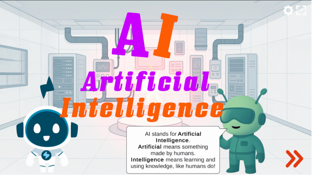AI literacy lessons title screen defining artificial intelligence for elementary students with two robot characters