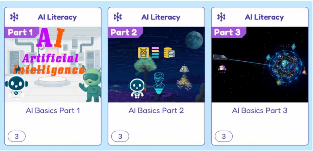 Three AI literacy lessons cards showing AI Basics Part 1, Part 2, and Part 3 activities for elementary students