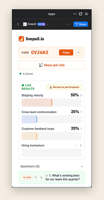Free Live Polling live results panel showing percentage bars for four answer choices as student responses come in.