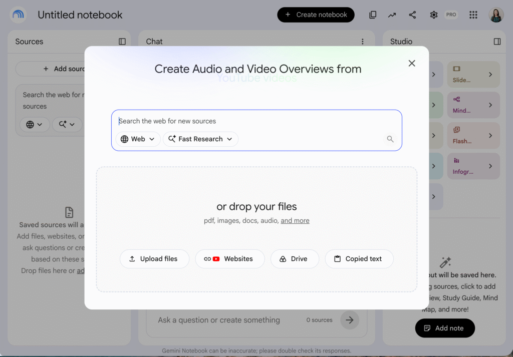 Screenshot of Gemini Notebook for Teachers showing the add sources window with options to upload files, add websites, connect Google Drive, or paste copied text, alongside the Sources, Chat, and Studio panels
