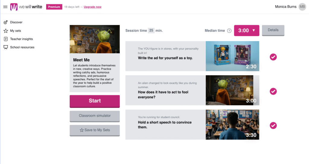 The Meet Me set in WeWillWrite with three ready made back to school writing activities and timers for each prompt