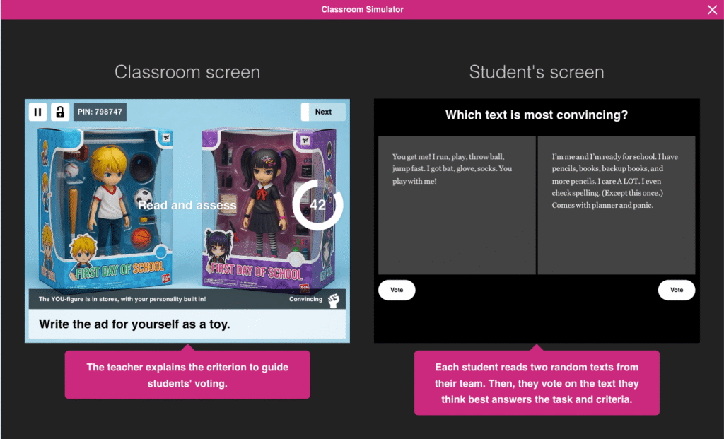 Back to school writing activities on screen as a class discusses the winning student text and its literary devices