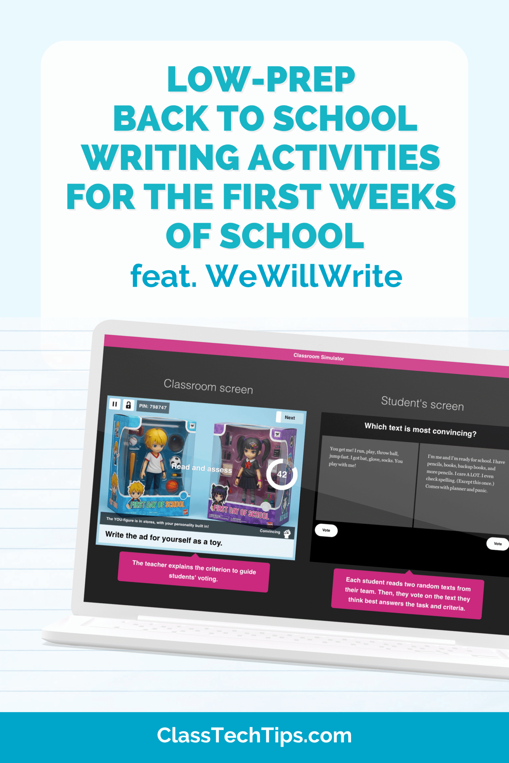 Laptop showing back to school writing activities in WeWillWrite, with students voting on the most convincing text