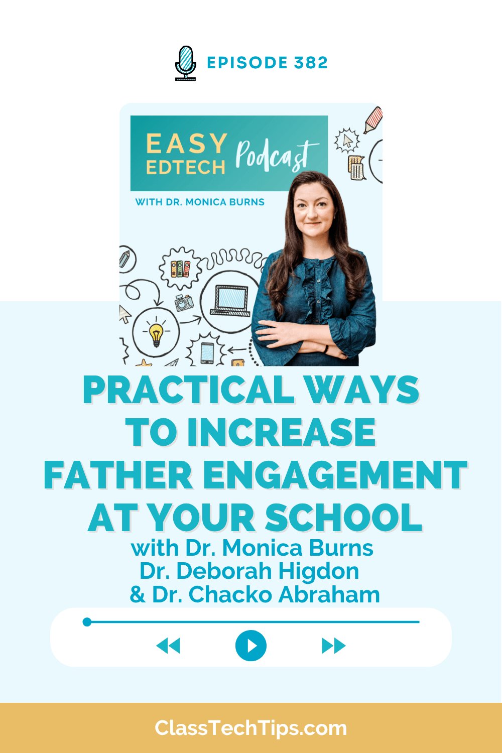 Vertical Easy EdTech Podcast cover for episode 382 on father engagement, featuring Dr. Monica Burns and guests Dr. Deborah Higdon and Dr. Chacko Abraham.