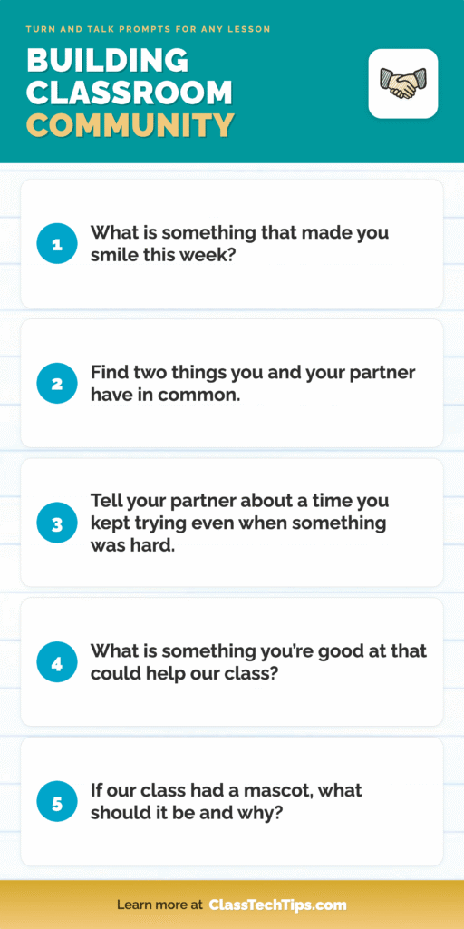 Building Classroom Community: Infographic with five turn and talk prompts for building classroom community, from sharing what made you smile to picking a class mascot