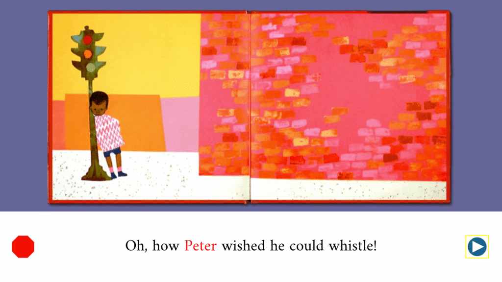 One More Story page from Whistle for Willie with Peter highlighted in the text, showing digital picture books for early readers