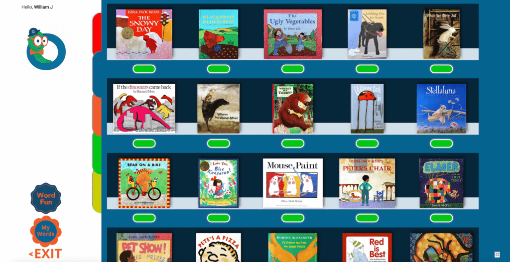One More Story bookshelf screenshot with The Snowy Day, Stellaluna, and Mouse Paint among digital picture books for early readers