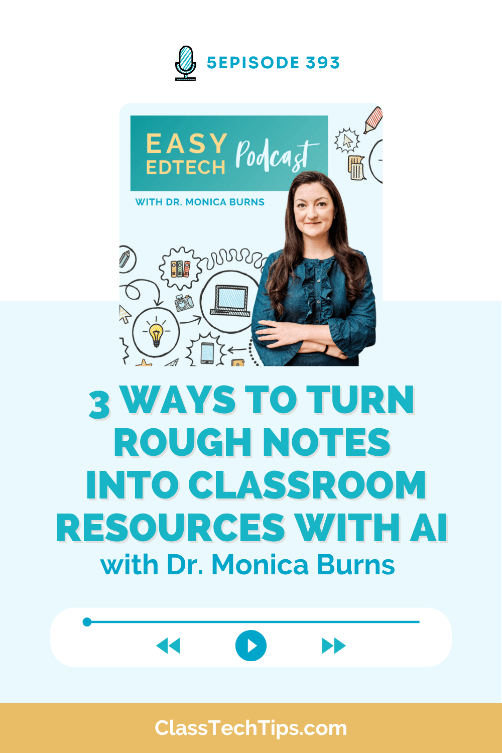 Easy EdTech Podcast Episode 393 with Dr. Monica Burns, sharing three ways to turn rough notes into classroom resources with AI.