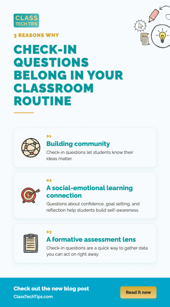 Class Tech Tips infographic listing three reasons why check-in questions for students belong in your classroom routine: building community, a social-emotional learning connection, and a formative assessment lens